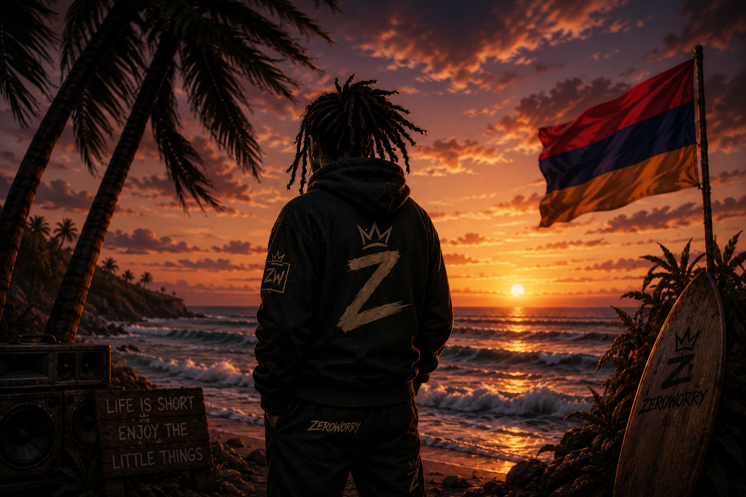 Zeroworry at sunset with Armenian flag
